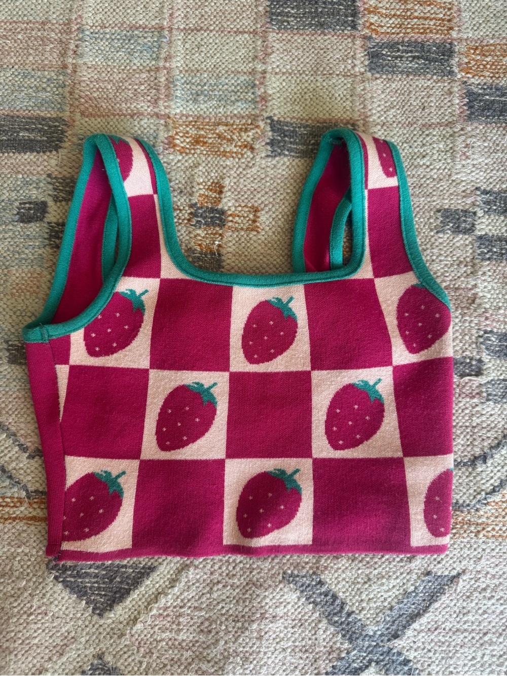Strawberry Knit Crop Tank - Pink & Teal